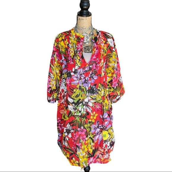 SPX TUNIC Swim cover up red floral PLUS SIZE top 3/4 sleeves size 50 style ELENA - Picture 1 of 10